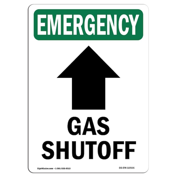 Safety Sign, OSHA EMERGENCY, 5" Height, Gas Shutoff (Up Arrow), Portrait, 10PK
